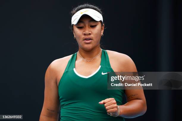 Destanee Aiava celebrates in her match against Taylah Preston of Australia during the Melbourne Summer Set at Melbourne Park on January 04, 2022 in...