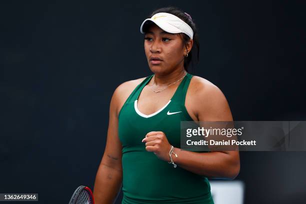 Destanee Aiava celebrates in her match against Taylah Preston of Australia during the Melbourne Summer Set at Melbourne Park on January 04, 2022 in...