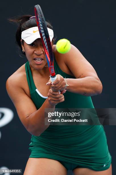 Destanee Aiava plays a backhand shot in her match against Taylah Preston of Australia during the Melbourne Summer Set at Melbourne Park on January...