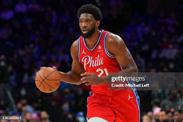 Joel Embiid of the Philadelphia 76ers dribbles the ball against the Houston Rockets at the Wells Fargo Center on January 3, 2022 in Philadelphia,...