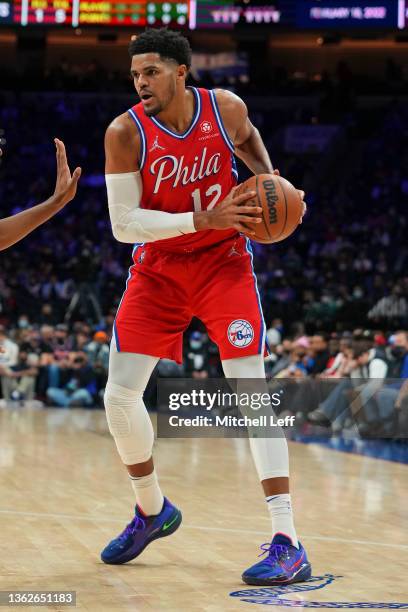 Tobias Harris of the Philadelphia 76ers controls the ball against the Houston Rockets at the Wells Fargo Center on January 3, 2022 in Philadelphia,...