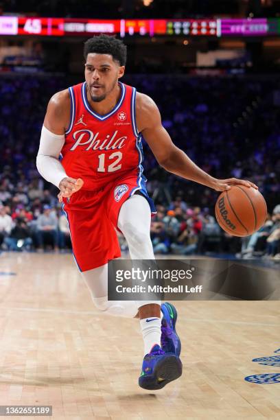 Tobias Harris of the Philadelphia 76ers dribbles the ball against the Houston Rockets at the Wells Fargo Center on January 3, 2022 in Philadelphia,...