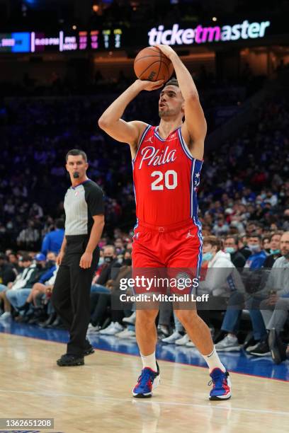 Georges Niang of the Philadelphia 76ers shoots the ball against the Houston Rockets at the Wells Fargo Center on January 3, 2022 in Philadelphia,...
