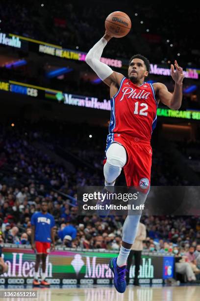 Tobias Harris of the Philadelphia 76ers dunks the ball against the Houston Rockets at the Wells Fargo Center on January 3, 2022 in Philadelphia,...