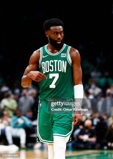 Jaylen Brown of the Boston Celtics reacts in overtime during the game against the Orlando Magic at TD Garden on January 02, 2022 in Boston,...