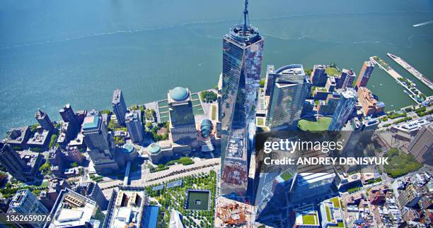 wtc and lower manhattan - one world trade center aerial stock pictures, royalty-free photos & images