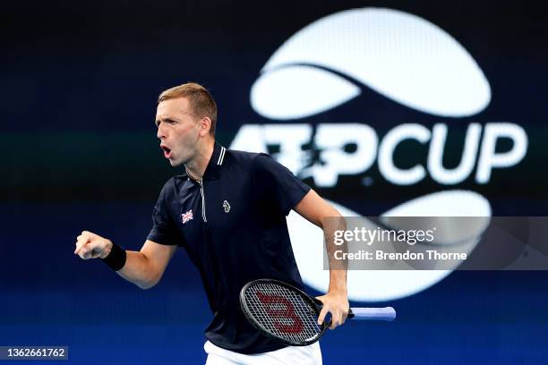 Daniel Evans of Great Britain reacts in his group C match against Denis Shapovalov of Canada during the day four 2022 ATP Cup tie between Great...
