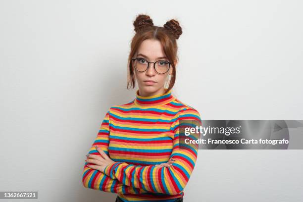 woman with freckles, braids and glasses - hipster brille stock-fotos und bilder