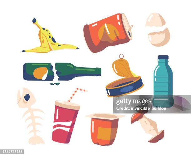 set different garbage and old things plastic cup, tin can, banana peel, apple stub. fish bone, yoghurt pack, bottle - rubbish isolated stock illustrations