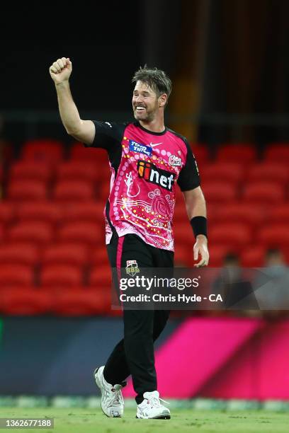 Dan Christian of the Sixers celebrates the wicket of Laurie Evans of the Scorchers during the Men's Big Bash League match between the Perth Scorchers...