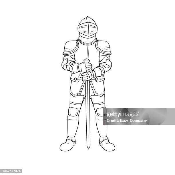 stockillustraties, clipart, cartoons en iconen met black and white vector illustration of children's activity coloring book pages with pictures of character knight. - armoured
