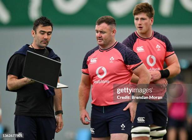 Dublin , Ireland - 30 June 2023; High performance analyst Vinny Hammond, left, with Dave Kilcoyne and Joe McCarthy during Ireland rugby squad...