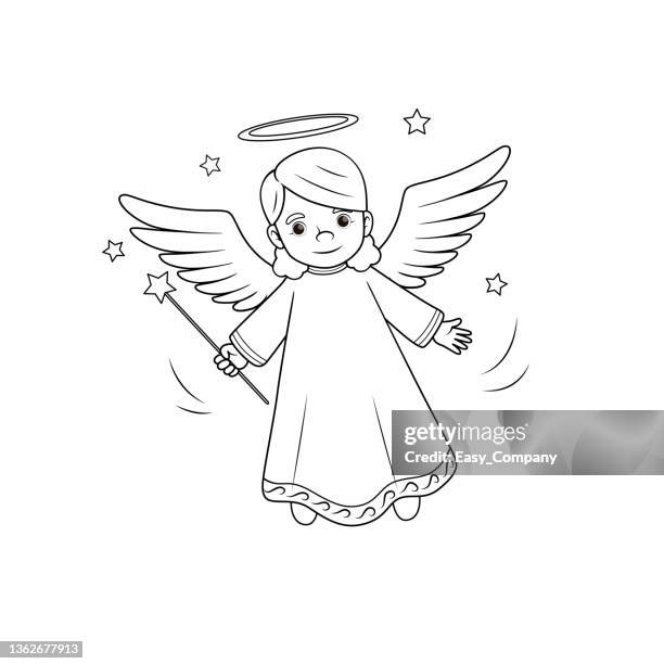 ilustrações, clipart, desenhos animados e ícones de ilustração vetorial em preto e branco de páginas de livros de colorir atividades infantis com fotos de character angel. - fantasia de anjo