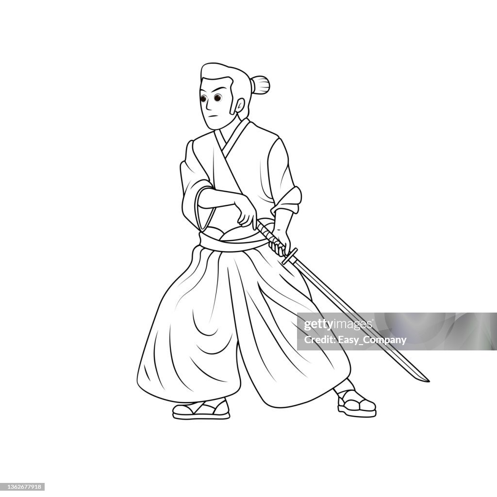 Black and white vector illustration of children's activity coloring book pages with pictures of Character samurai.