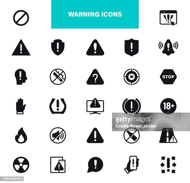 warning icons. contains such icons as danger, stop sign, computer virus, hacker, error message, protection - violence icon stock illustrations