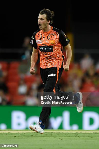 Lance Morris of the Scorchers celebrates the wicket of Josh Philippe of the Sixers during the Men's Big Bash League match between the Perth Scorchers...