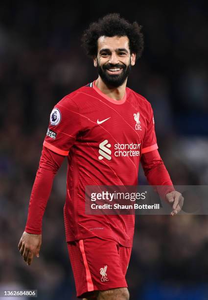 Mohamed Salah of Liverpool looks on during the Premier League match between Chelsea and Liverpool at Stamford Bridge on January 02, 2022 in London,...