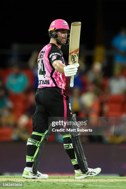 Dan Christian of the Sixers celebrates is half century during the Men's Big Bash League match between the Perth Scorchers and the Sydney Sixers at...