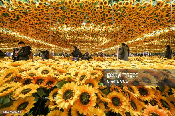 People take pictures among sunflower installation at the 'Van Gogh Alive' digital art experience exhibition in Dewey Center on January 3, 2022 in...