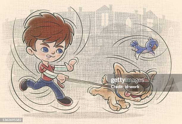 kind läuft mit hund - boy running with dog stock-grafiken, -clipart, -cartoons und -symbole