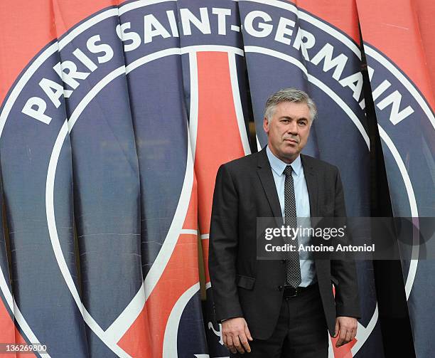 Carlo Ancelotti, coach of Paris Saint Germain FC, poses at a press conference at Parc des Princes on December 30, 2011 in Paris, France.