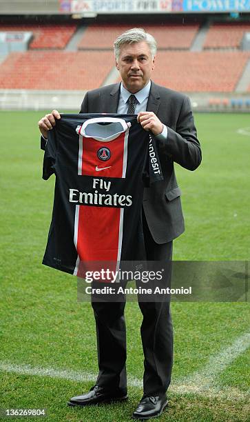 Carlo Ancelotti, coach of Paris Saint Germain FC, poses at a press conference at Parc des Princes on December 30, 2011 in Paris, France.