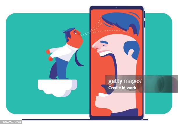 ilustrações, clipart, desenhos animados e ícones de mau empresário soprando peruca do homem via smartphone - peruca