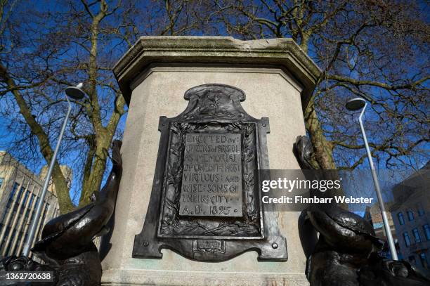 The plinth on which the statue of Edward Colston stood is seen, on January 04, 2022 in Bristol, England. The four, Milo Ponsford, Sage Willoughby,...