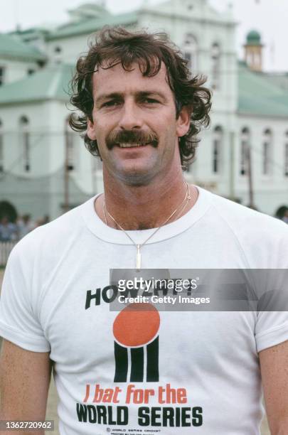 Australia fast bowler Dennis Lillee pictured wearing a World Series Cricket T-Shirt in January 1979 in Sydney, Australia.