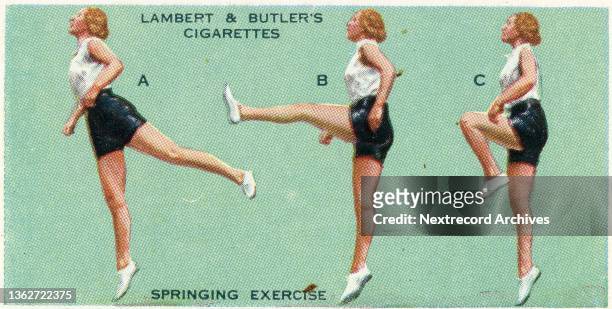 Collectible tobacco or cigarette card, 'Get Fit' series, published in 1937 by Lambert and Butler's Cigarettes, depicting an woman demonstrating step...