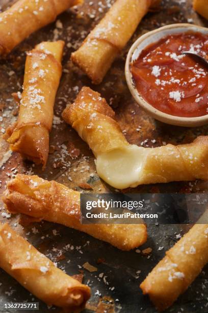 crispy mozzarella sticks wrapped in wonton wrappers - fried wonton stock pictures, royalty-free photos & images