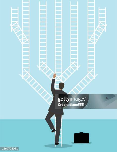 a businessman stands in front of ladders trying to make a career choice - editorial board stock illustrations