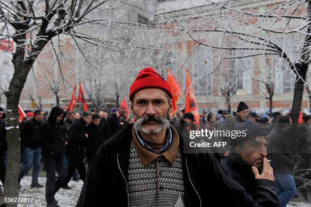 Members of the former Kosovo Liberation Army take part in a peaceful protest in Pristina on December 30 during a day dedicated to War Veterans in...