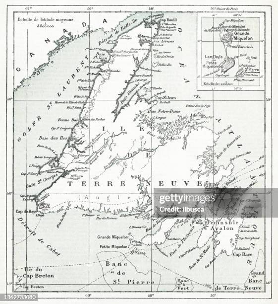 antique french map of newfoundland, st pierre et miquelon - newfoundland and labrador stock illustrations