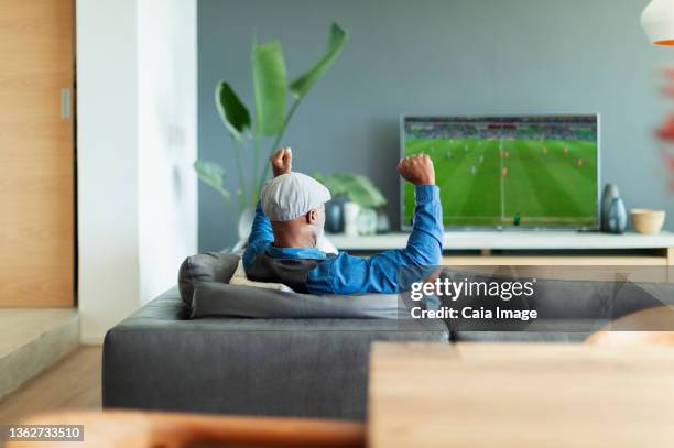 excited man cheering, watching soccer match on tv in living room - african watching tv foto e immagini stock