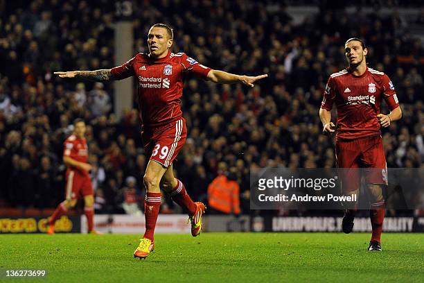 Craig Bellamy of Liverpool celebrates after scoring the equalising goal during the Barclays Premier League match between Liverpool and Newcastle...
