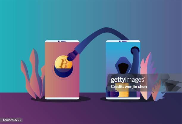 stockillustraties, clipart, cartoons en iconen met hackers steal bitcoins from cellphones - spyware