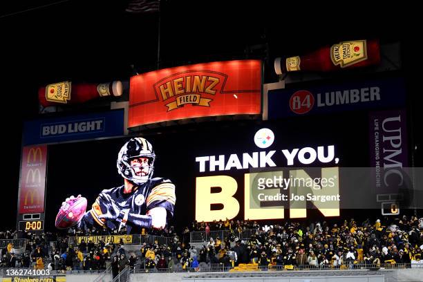 The video screen displays a message thanking quarterback Ben Roethlisberger of the Pittsburgh Steelers after his potential final game at Heinz Field...