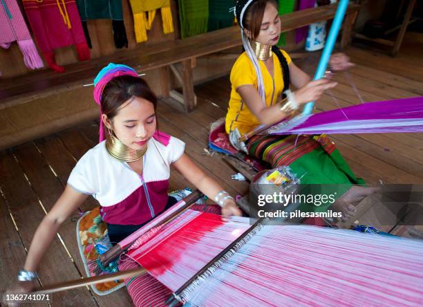 attractive kayan, or padaung, 'long neck' young tribal women with heavy neck rings  working at textile weaving looms in open hut, inle, myanmar, - padaung imagens e fotografias de stock