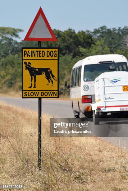 wild or painted dog warning sign on the road between victoria falls and hwange national park, western zimbabwe - desert dog stockfoto's en -beelden