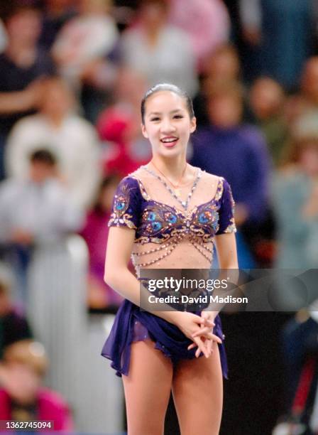 Michelle Kwan of the USA takes part in the awards ceremony after winning the Ladies' Singles Competition of the 1996 United States Figure Skating...