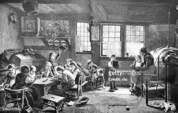 elementary school in a holstein village - 19th century stock illustrations