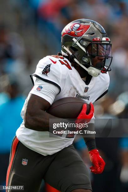 Ronald Jones of the Tampa Bay Buccaneers carries the ball during the first half of the game against the Carolina Panthers at Bank of America Stadium...