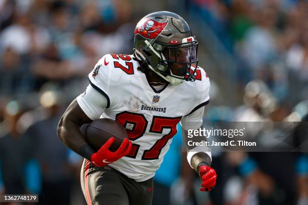 Ronald Jones of the Tampa Bay Buccaneers carries the ball during the first half of the game against the Carolina Panthers at Bank of America Stadium...