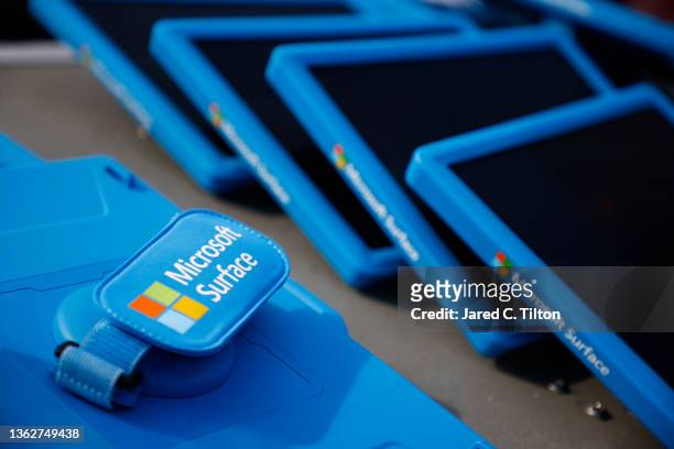 View of Microsoft Surface tablets prior to the first half of the game between the Carolina Panthers and the Tampa Bay Buccaneers at Bank of America...