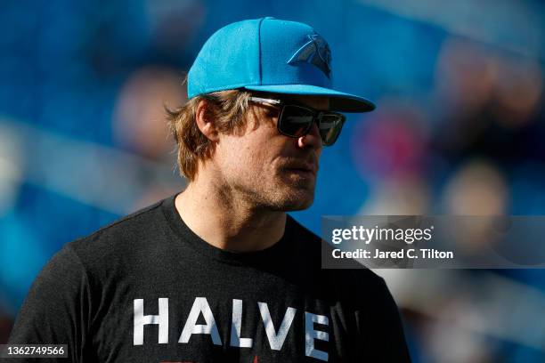 Former Carolina Panthers tight end Greg Olsen looks on prior to the first half of the game between the Carolina Panthers and the Tampa Bay Buccaneers...