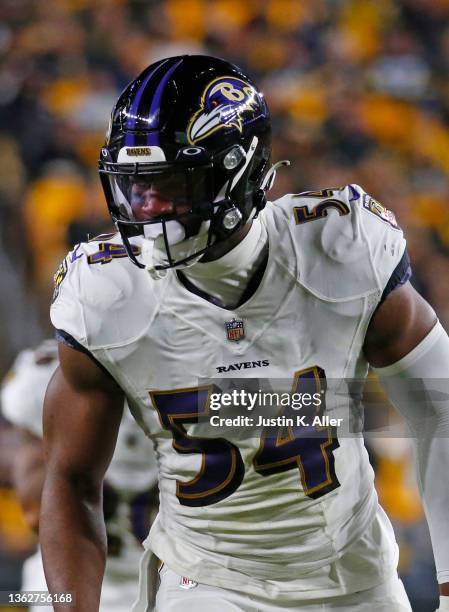 Tyus Bowser of the Baltimore Ravens in action on against the Pittsburgh Steelers on December 5, 2021 at Heinz Field in Pittsburgh, Pennsylvania.