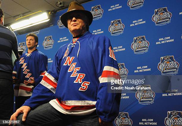 Pat Hickey of the New York Rangers alumni looks on during the Alumni Media Availability at Citizens Bank Park on December 30, 2011 in Philadelphia,...