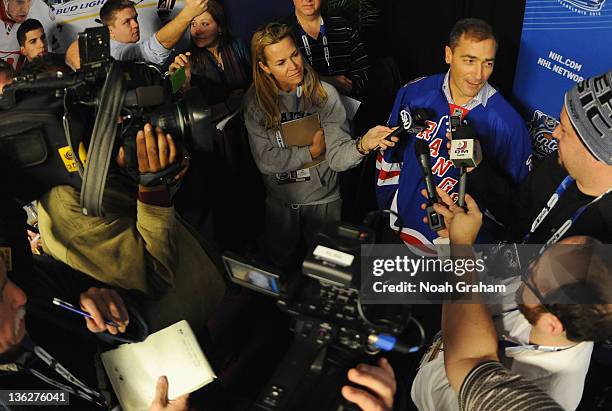 John Vanbiesbrouck of the New York Rangers alumni addresses the media during Alumni Media Availability at Citizens Bank Park on December 30, 2011 in...