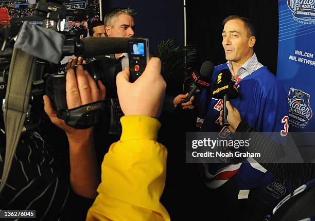 John Vanbiesbrouck of the New York Rangers alumni addresses the media during Alumni Media Availability at Citizens Bank Park on December 30, 2011 in...